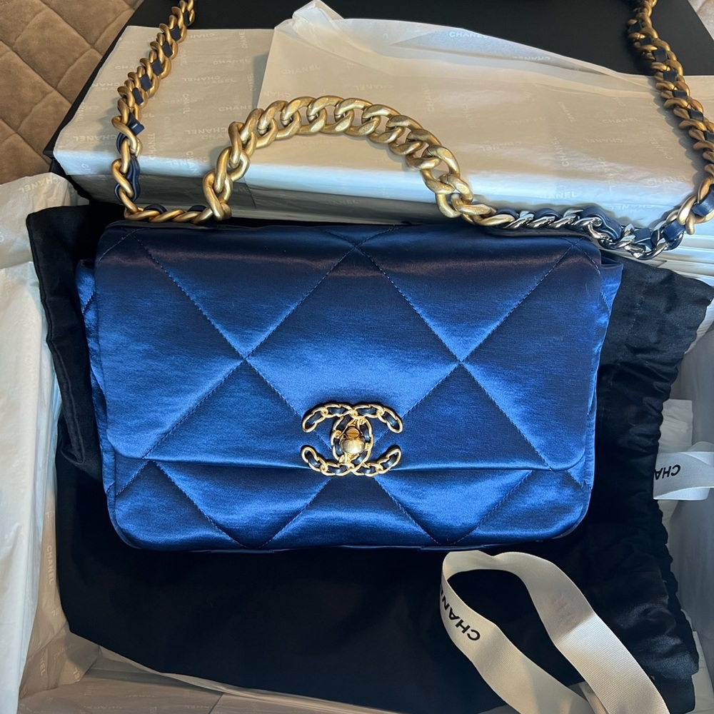 Chanel 19 Satin  BlueQuilted Shoulder Bag